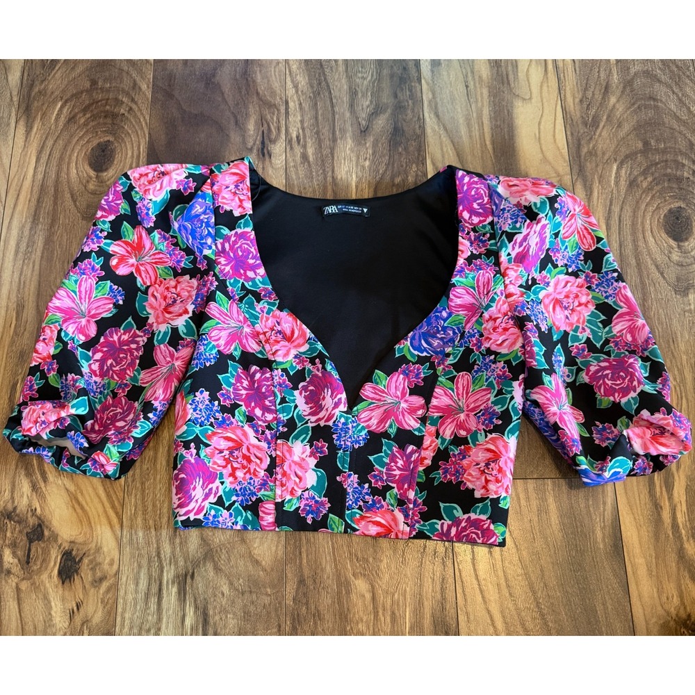 Zara Floral Puff Sleeve Deep V-Neck Crop Top Bold Statement Romantic Sz‎ XS